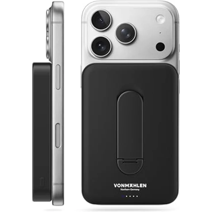 VONMÄHLEN Evergreen Mag Kickstand, 10.000 mAh Qi2-Powerbank mit 15W kabellosem Laden, 20W USB-C, integriertem Standfuß, LCO-Akku, 3 Jahre Garantie - Schwarz – Bild 1