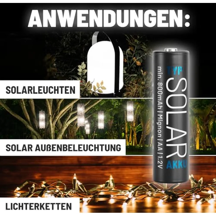 ABSINA 4X Solar Akku AA wiederaufladbar 800mAh 1.2V NiMH - Mignon AA Solar Batterien mit geringer Selbstentladung - Akku Solar Batterie, Akkus für Solarlampen – Bild 2