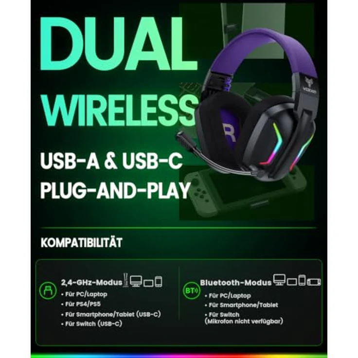 WESEARY Gaming Headset Wireless mit Mikrofon, 60 Stunden Akkulaufzeit, RGB-Beleuchtung, für PS5, PS4, PC, Switch und Smartphones – Bild 3