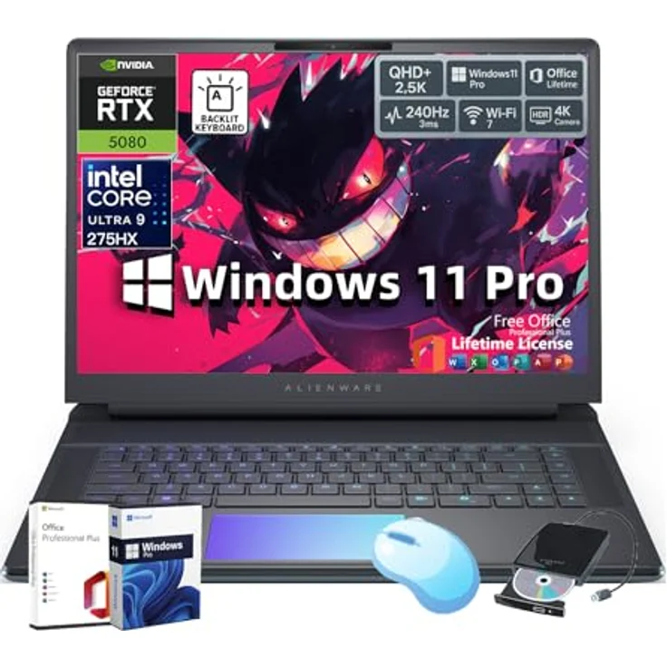 Alienware 16 Area-51 Gaming-Laptop, GeForce RTX 5080 16 GB GDDR7, Intel Ultra 9 275HX, 16 Zoll QHD+ 240 Hz Display, mit Windows 11 Pro, Office und externem DVD-Laufwerk, hintergrundbeleuchtete Tastatur, WiFi 7 – Bild 1