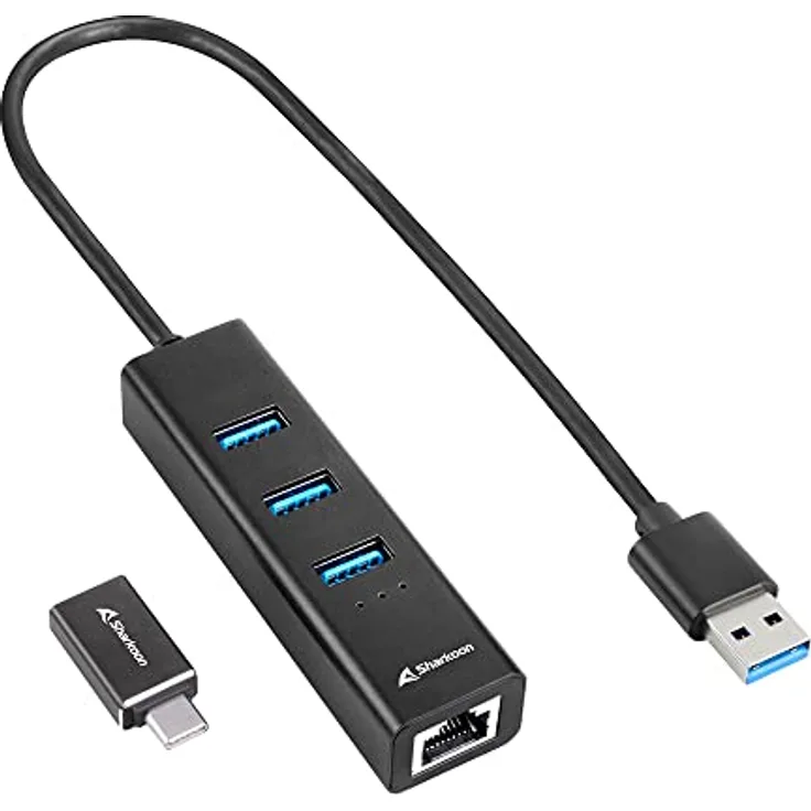 Sharkoon 3-Port USB 3.2 GEN 1 Aluminium Hub, RJ45 Ethernet Adapter, Schwarz