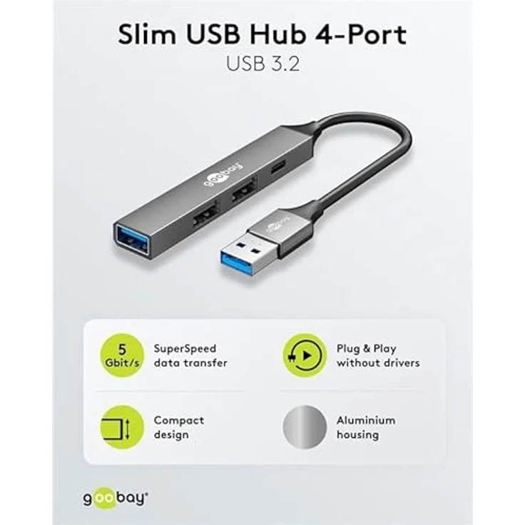 goobay 4-Port USB 3.2 Hub Slim, USB Mehrfachstecker, 5 Gbits, USB Splitter, USB-A zu 3X USB-A und 1x USB-C Multiport Adapter, Aluminiumgehäuse, Schwarz – Bild 2