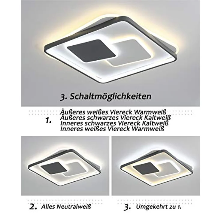 Eurotondisplay NEU Euroton 9643-FX 50x52 cm, H 5,5 cm LED Deckenleuchte mit Fernbedienung Lichtfarbe/Helligkeit einstellbar (weiß/grau) – Bild 3