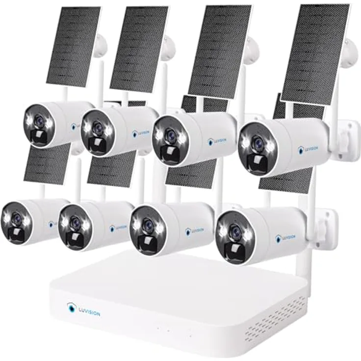 LUVISION WLAN Solar-Überwachungskamera mit 4MP Akku und 10 Kanal Dual NVR, Überwachungssystem mit Farbiger Nachtsicht, wetterfeste Ausführung, mit 8 Kameras