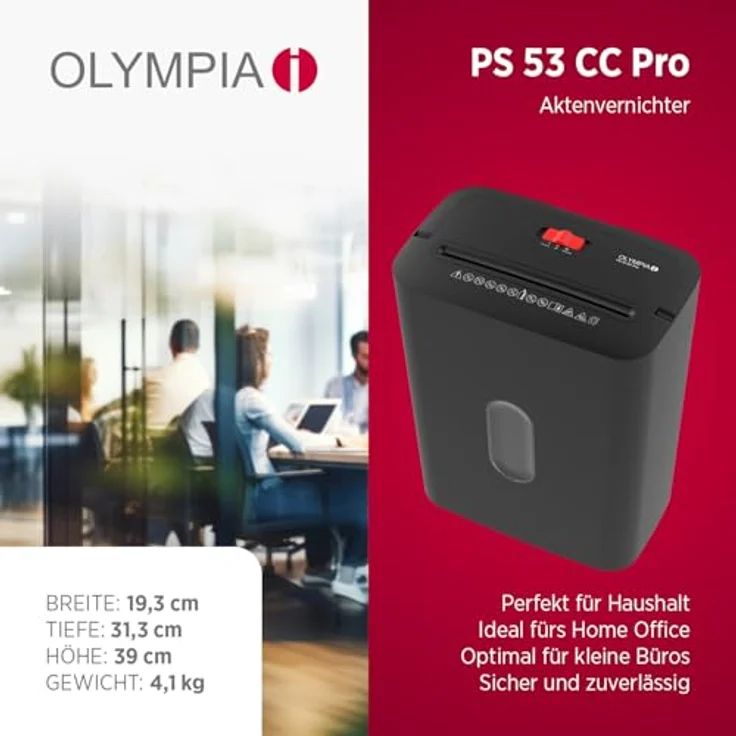 OLYMPIA PS 53 CC Pro Aktenvernichter, Partikelschnitt P-4, 4 x 38 mm, geeignet für bis zu 6 Blatt, schwarz mit 15,0 l Auffangbehälter – Bild 2