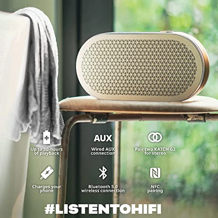 Dali Katch G2 Tragbarer Bluetooth-Lautsprecher, Kabellos, Kompakt, Outdoor-Lautsprecher, 30 Stunden Spielzeit, mit Stoff-Staubschutzkappe, Druckpegel 95 dB, Caramel White – Bild 5