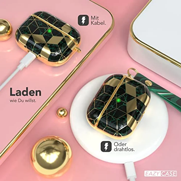 EAZY CASE AirPods Pro Schutzhülle, Grün Marmor Hard Case, Stoßfest mit Karabiner, Antikratz, rutschfest, für 1. Generation – Bild 5