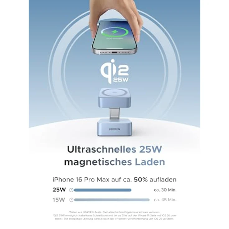 UGREEN MagFlow 2-in-1 MagSafe Ladegerät 25W, Qi2 zertifizierte kabellose Ladestation mit 70° Neigungsverstellung, für iPhone 16-17-Serie und AirPods, mit 1m Kabel – Bild 2