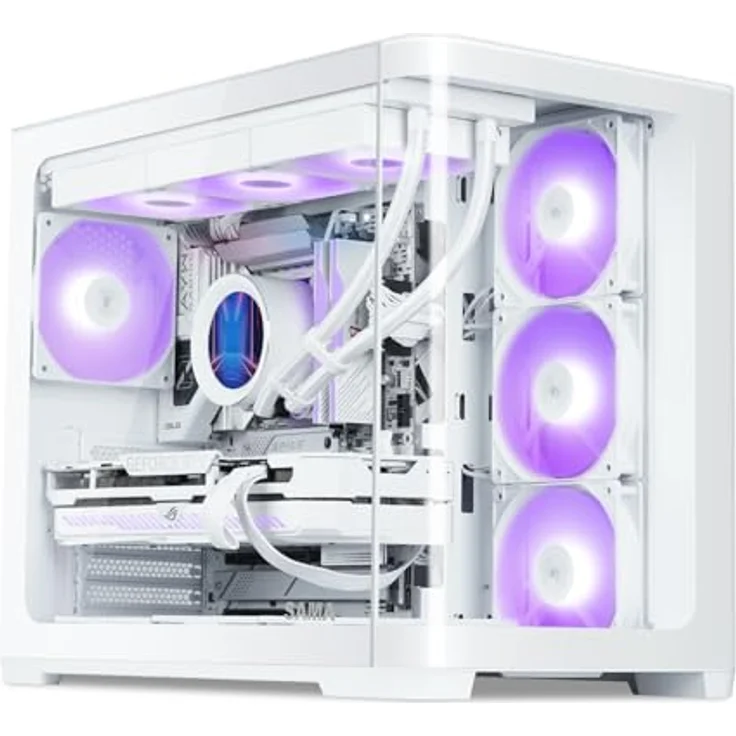 SAMA V60 Mid Tower PC-Gehäuse, geschwungene Glasfront, 7×120mm ARGB PWM Lüfter, USB Type-C, ATX, 360mm AIO Unterstützung – Weiß – Bild 1