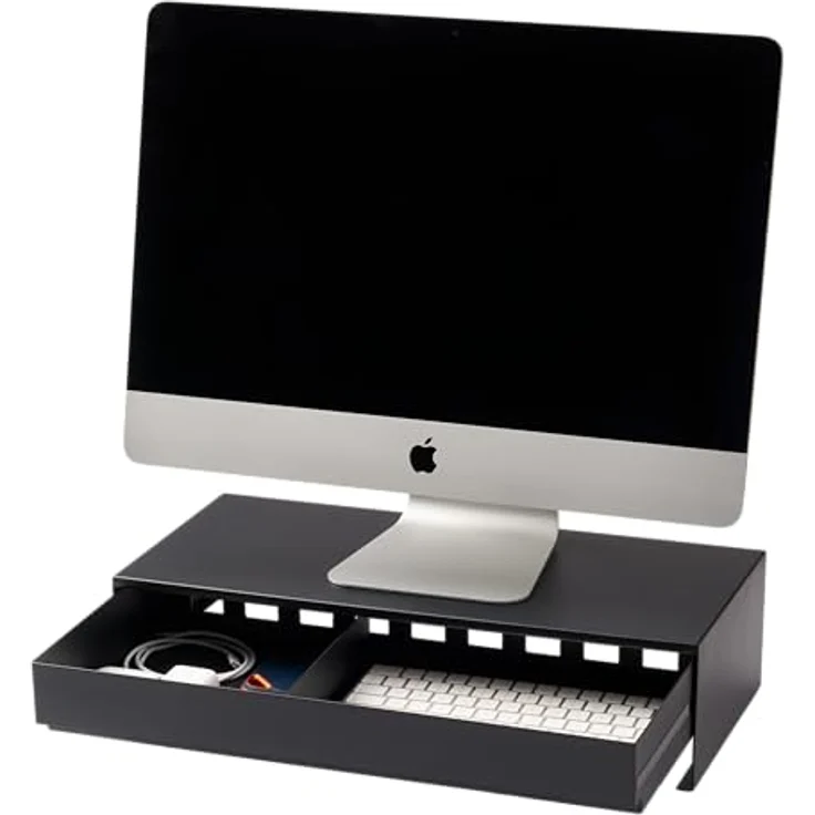 Yamazaki TOWER Monitor-Halterung Ständer mit Schublade, bis 27 Zoll, Schreibtischaufsatz, inkl. Kabelhalter, schwarz – Bild 1
