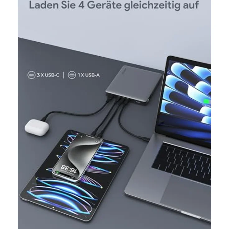 AMEGAT Powerbank 100W, 20000mAh Laptop Power Bank USB C Input&Output 3 Ports, Digitales Display, 65W Fast Recharge, für Laptops, Tablets, Smartphones - Ultraleichte und ultraschnelle Powerbank in Schwarz – Bild 5