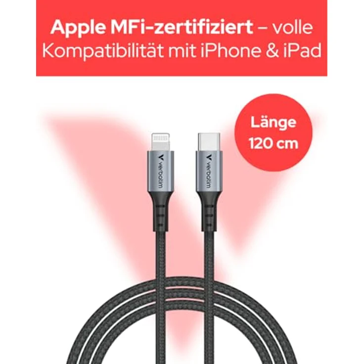 Verbatim 31844 Lightning-Kabel, 1,2 m, schwarz, USB C, verstärkt, 480 Mbit/s – Bild 4