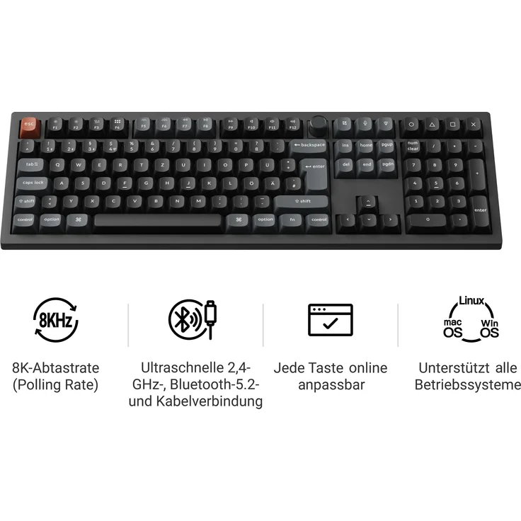 Keychron V6 Ultra 8K, Mechanische RGB Tastatur mit Swappable Red Switches, Schwarz, Knob Version, Kabelgebunden & Kabellos, Deutsches Layout