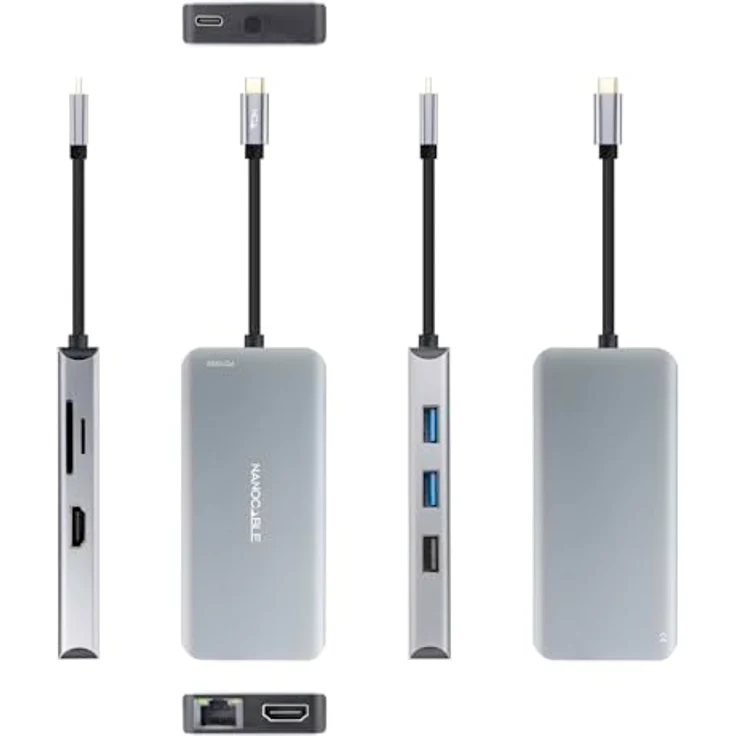 NANOCABLE 10.16.1009 – 9-in-1-Konverter-Hub, USB-C 3.2 GEN1, 3x USB-A, 2x HDMI, RJ45, TF/SD-Slot, USB-C PD 100 W, Aluminium, 15 cm, Grau – Bild 2