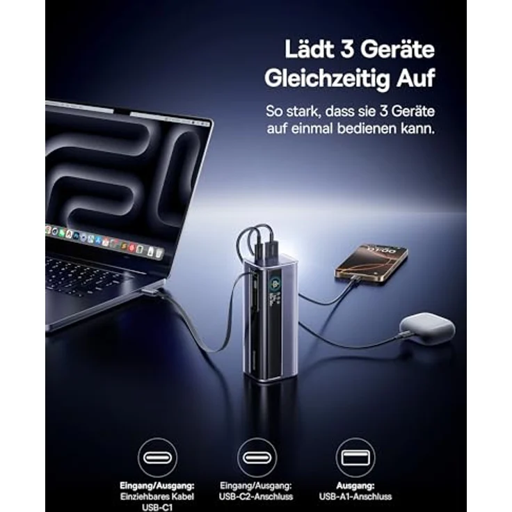 Baseus EnerGeek GR11 Laptop Powerbank 100W 10000mAh, Externer Akku mit 60cm Einziehbarem USB-C Kabel, für iPhone 16/15, iPad, MacBook, Laptop, Galaxy, Reisefreundlich mit Digitalem Display – Bild 5