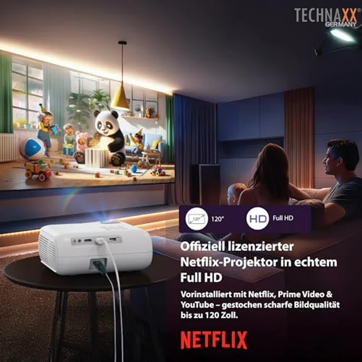 TECHNAXX TX-332 Full-HD Beamer 1080p, Heimkino-Projektor mit Lautsprecher, Fernbedienung, 200 lm, Netflix vorinstalliert, Weiss – Bild 4