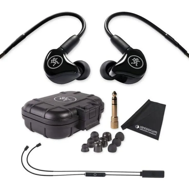 Mackie MP-120 In-Ear Kopfhörer mit Bluetooth-Adapter, Schwarz und Reinigungstuch