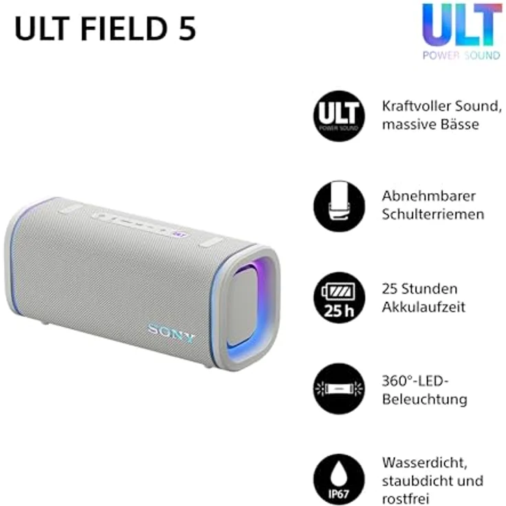Sony ULT Field 5, tragbarer Bluetooth-Lautsprecher, 25-Stunden-Akku, IP67 wasserdicht, 360° Lichter, abnehmbarer Schulterriemen - Off-White – Bild 2