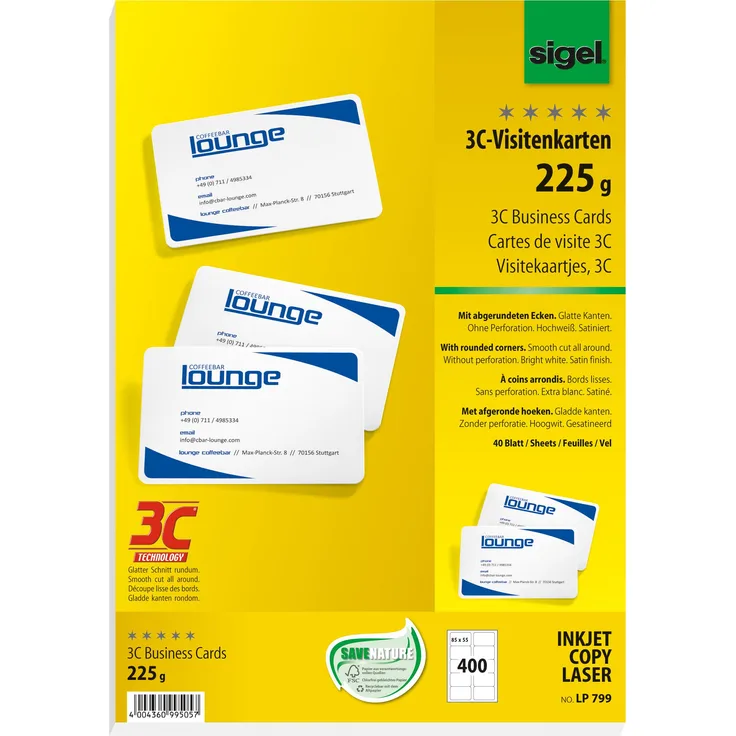Sigel, Kopierpapier, Visitenkarten 3C (225 g/m², 400 x, A4)