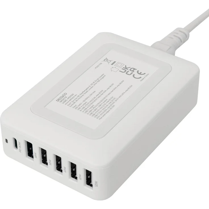 Deltaco Multi 6 USB Ladegerät USBC-MO100, 5 Anschlüsse (4x USB-A, 1x USB-C PD), 60 W, kompakt, weiss