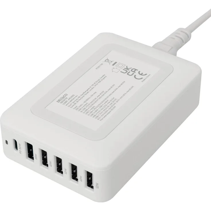 Deltaco Multi 6 USB Ladegerät USBC-MO100, 5 Anschlüsse (4x USB-A, 1x USB-C PD), 60 W, kompakt, weiss