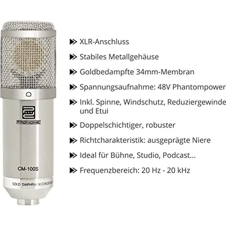 Pronomic CM-100S Studio Großmembranmikrofon XLR-Kondensatormikrofon, silber - Studioqualität mit Popkiller und Micscreen Set – Bild 4