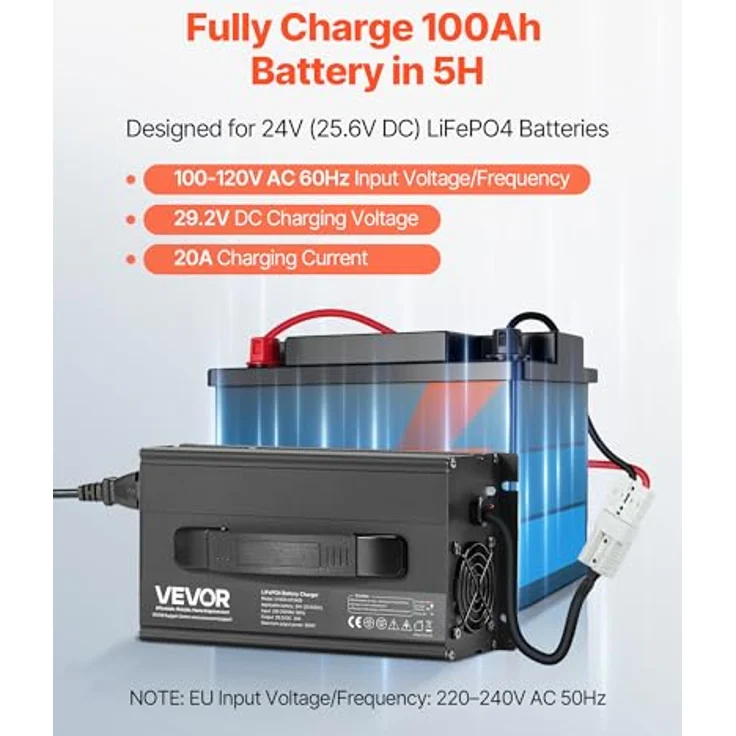 VEVOR 24 V 20 A Lithium-Batterieladegerät mit 29,2 V DC Ladespannung, Anderson-Anschluss und 0-V-Aktivierung für LiFePO4-Deep-Cycle-Akkus von Booten und Wohnmobilen – Bild 2