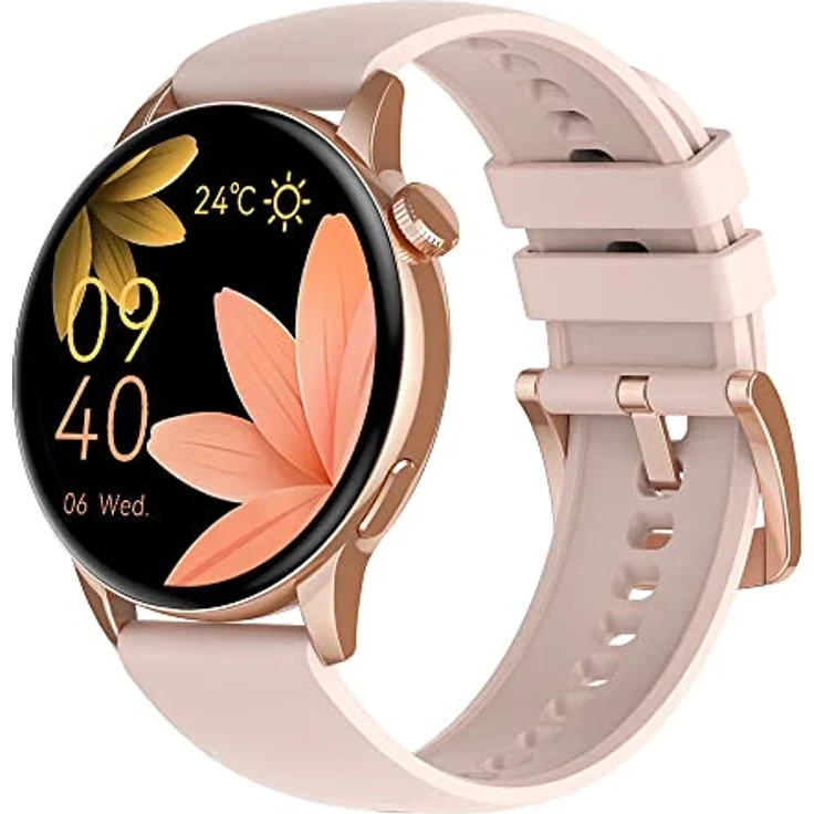 motiofit PRIMA Slim (2023) Smartwatch Fitnesstracker AMOLED Display 7,9mm dünn Always on BT Telefonie, Sprachassistent NFC Gold Body/Rose Silikonband - Preisvergleich – Bild 1