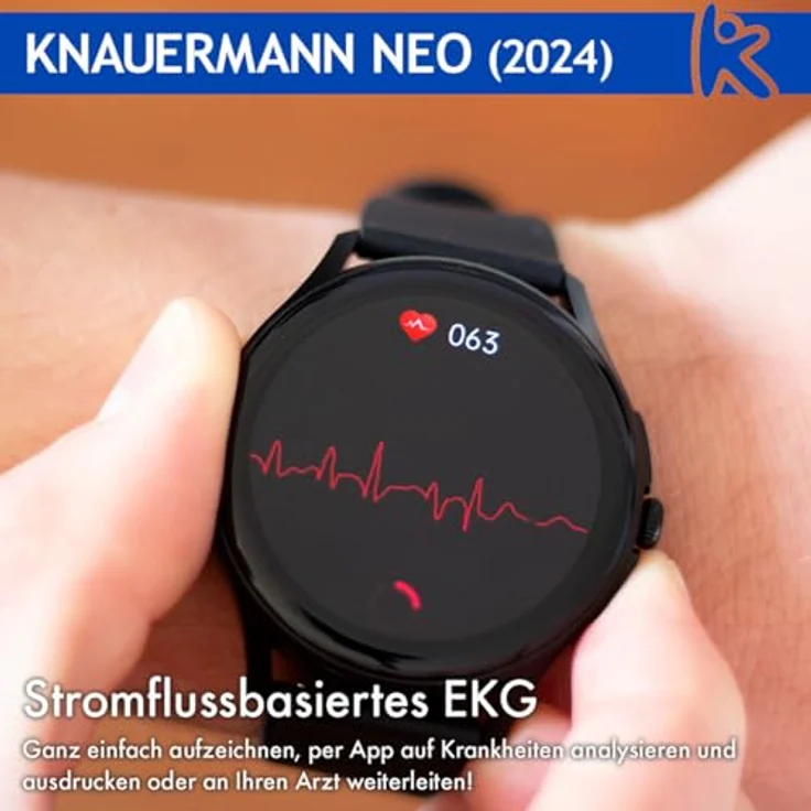 Knauermann Neo (2024) Gold Rund - Gesundheitsuhr Smartwatch - EKG + HRV Funktion - BT Bluetooth - Schlafapnoe - Blutdruck - Silikonband Schwarz, 14-24 – Bild 5