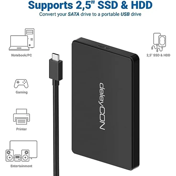 deleyCON USB-C Festplattengehäuse 2,5 Zoll - USB 3.1 Gen 1 Externes Festplatten Gehäuse für 2,5" (6,35 cm) SATA HDD Festplatte / SSD 7 mm & 9 mm - Werkzeugfreie Montage - Schwarz – Bild 5