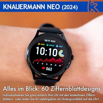 Knauermann PRO 3 (2024) zwart - gezondheidshorloge smartwatch met telefoonfunctie - ECG HRV en SOS-functie - AMOLED-display, BT Bluetooth - slaapapneu - siliconen band zwart, 14-24, siliconen