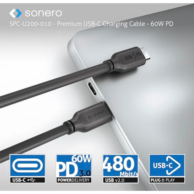 Sonero USB-C auf USB-C Ladekabel, 60W PD, schwarz, 0,50m, Schnellladekabel für Handys – Bild 5