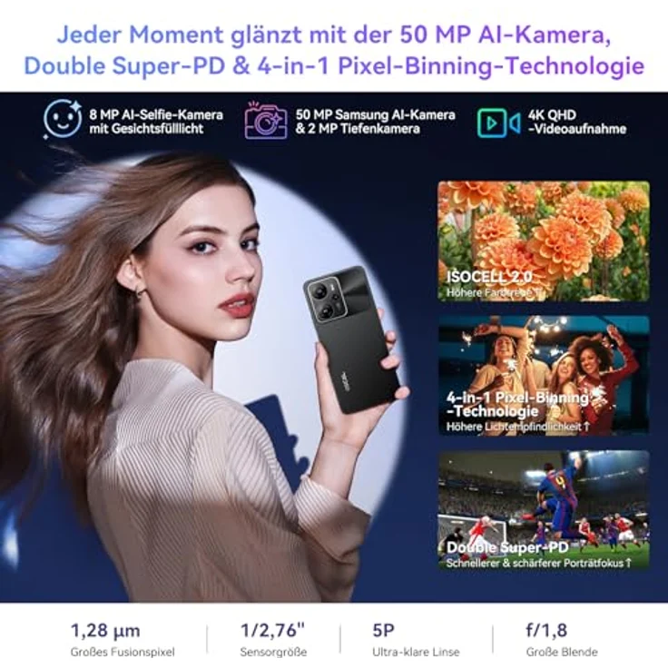 OSCAL Tiger 13 5G Handy ohne Vertrag, 24GB+256GB/2TB, 6.67" HD+, 50MP AI Kamera, 4K Video, 18W Schnellladung/5000mAh, Face ID/Fingerprint/OTG/NFC-Blau – Bild 5