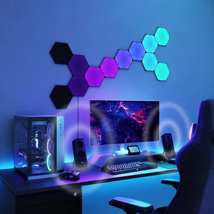 Nanoleaf Shapes Ultra Black Hexagon Starter Kit, 9 Smarten LED Panels RGBW - Modulare WLAN 16 Mio. Farben Wandleuchte Innen, Musik & Bildschirm Sync, Funktioniert mit Alexa Google Apple – Bild 5