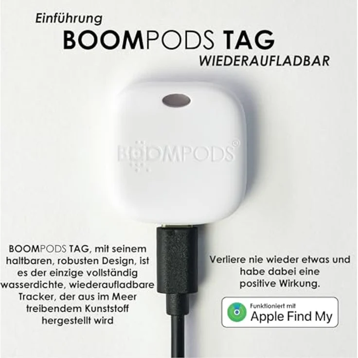 Boompods Boomtag, Wiederaufladbarer Schlüsselfinder aus Ozeanplastik, wasserdichter Bluetooth Tracker, kompatibel mit Apple Wo ist? App, Mini Ortungsgerät, Weiß – Bild 2