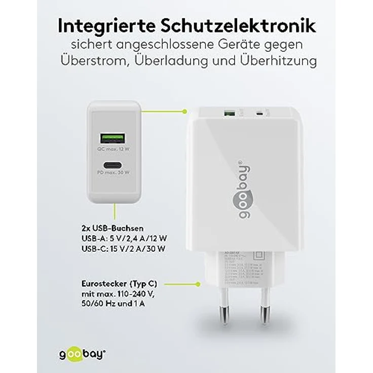 goobay 61674 Dual USB C PD (Power Delivery) Schnellladegerät (30 W) / Quick Charge Netzteil für iPhone, Samsung, Huawai/Handy Ladegerät/Ladeadapter für die Steckdose/weiß – Bild 4