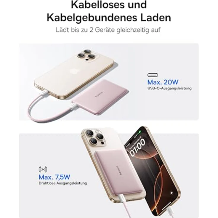 Baseus Magsafe Power Bank Ultra Slim, 5000mAh, Magnetische Powerbank für iPhone 16/15/14, 20W Schnellladung, LED-Display, Rosa – Bild 5