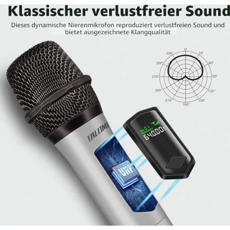 talomen Professionelles kabelloses Mikrofon K60-1, 2,4 GHz, dynamisch, wiederaufladbar, 160ft Reichweite, silbrig, inkl. Empfänger für Karaoke und DJ-Events – Bild 2