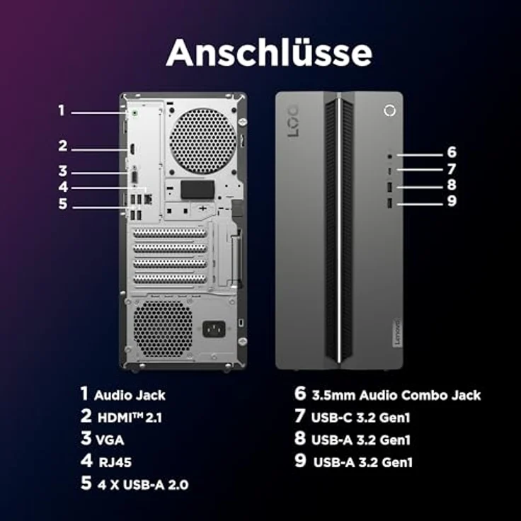 Lenovo LOQ Tower 17IRR9, Desktop-PC mit Intel Core i5, 16 GB RAM, 1 TB SSD, NVIDIA GeForce RTX 5060, Schwarz/Grau – Bild 13