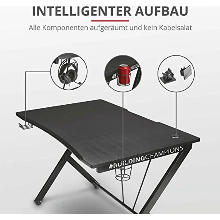 Trust Gaming Tisch - GXT 711 Dominus Ergonomischer Gaming Schreibtisch mit Kabelmanagementsystem, Headset- und Getränkehalter – Bild 5