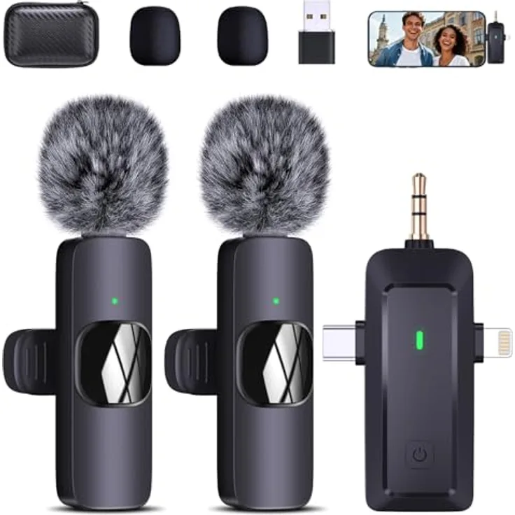 QINOJA Wireless Lavalier Mikrofon 4-in-1 für iPhone/Handy/Kamera/Computer, kabellos mit Pop-Filter, Rauschunterdrückung, 20 m Reichweite, tragbar für Vlog, TikTok, Live-Streaming