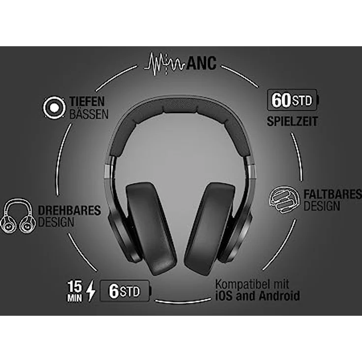 Fresh 'n Rebel Clam 2 ANC, kabellose Noise Cancelling-Kopfhörer Over-Ear, 60 Stunden Wiedergabezeit, mit Mikrofon, faltbar, Schnellladefunktion, Audioeingang, Vegane Leder Ohrmuscheln (Storm Grey) – Bild 5