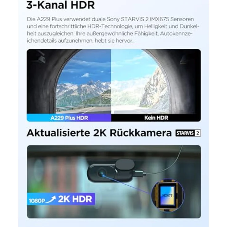 VIOFO A229 Plus 3 Lens 2K + 2K + 1080P, Dual STARVIS 2, HDR Vorne hinten Dashcam Auto, Sprachsteurung & 5GHz Wi-Fi WLAN Autokamera, Ultrapräzises GPS, Super Nachtsicht 2.0, Sprachausgabe, 512 GB Max – Bild 3