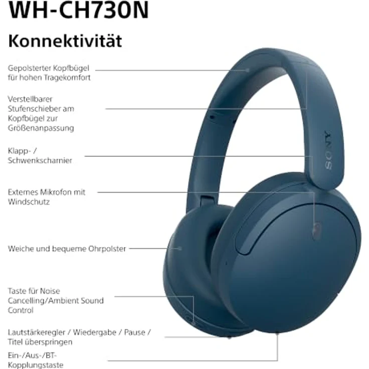 Sony WH-CH730N, Kabellose Kopfhörer mit Geräuschunterdrückung, Blau – Bild 9
