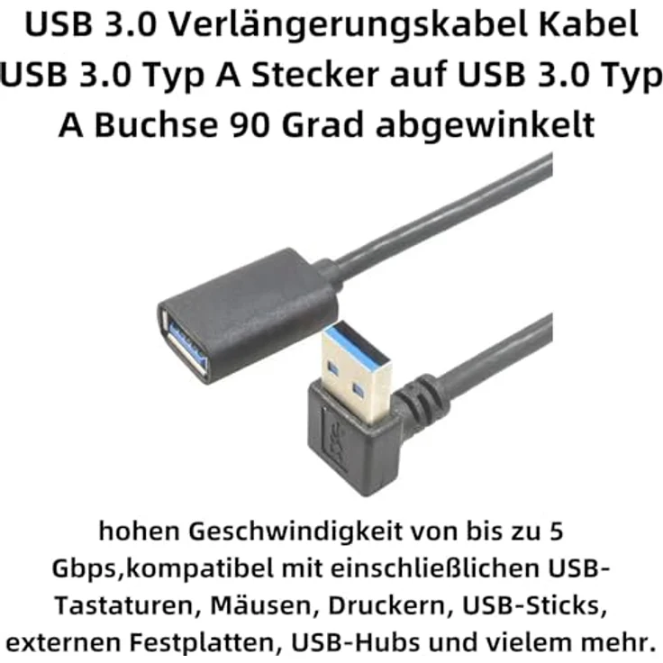 Bolwins C62S USB 3.0 Verlängerungskabel 90° Winkel, 30cm, 5Gbit/s Hochgeschwindigkeit, EMV-abgeschirmt, langlebiges Design, schwarz – Bild 2