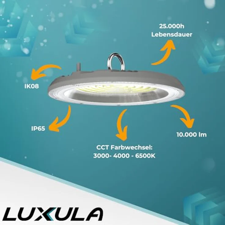LUXULA Hallenstrahler LED Hallenleuchte 100W, 10000lm, Lichtfarbe einstellbar 3000K, 4000K, 6500K - IP65 IK08 - UFO Lampe High Bay Hallentiefstrahler, flexibel einsetzbare Smarte Deckenbeleuchtung – Bild 2