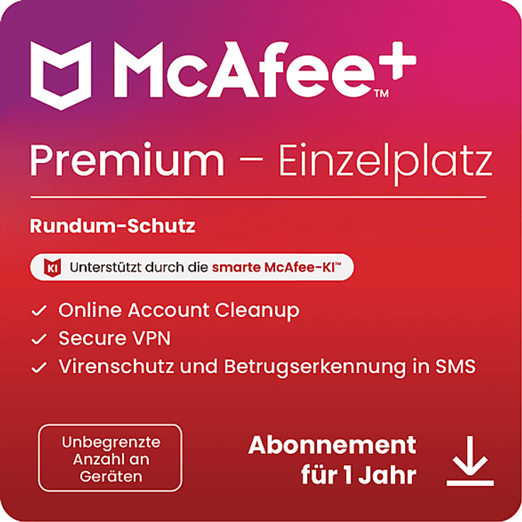 McAfee+ Premium Einzelperson, Antivirus und Internet-Sicherheitssoftware für unbegrenzte Geräte, 1-Jahres-Abo, mit KI-gestütztem Virenschutz, Secure VPN und Identitätsüberwachung - [Multiplattform]