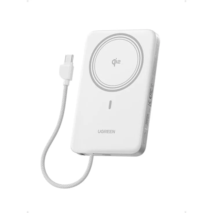 UGREEN MagFlow Air Power Bank, Ultra Slim 10000mAh, 15W MagSafe Powerbank, Qi2-zertifiziert, 30W PD Schnellladung, Integriertes Kabel, Ergonomisches Design, Weiß