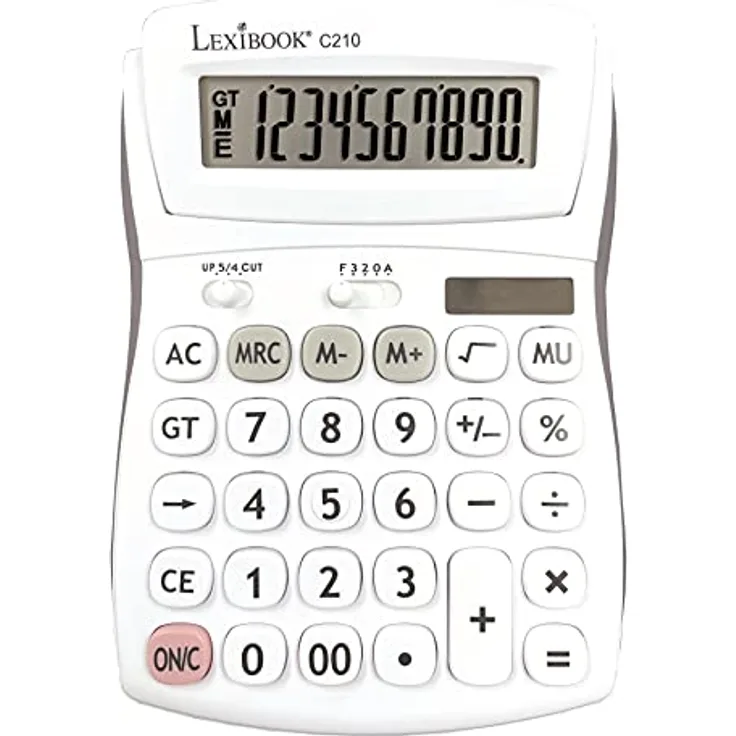 Lexibook - 10-stelliger Bürotaschenrechner mit Geneigter Bildschirm - Grund- und Speicherfunktion - Große Tasten und Bildschirm für Büro, Schule, Zuhause - Solar & Batterien - Weiß/Grau - C210