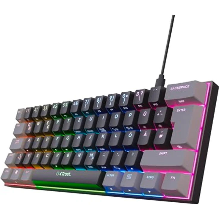 Trust Gaming GXT 867 Acira 60% Mechanische Tastatur, RGB Beleuchtung, Doppelt Belegte Tasten, USB Mini Tragbare Programmierbare, Deutsche QWERTZ Layout, 60 Prozent PC Laptop – Bild 1